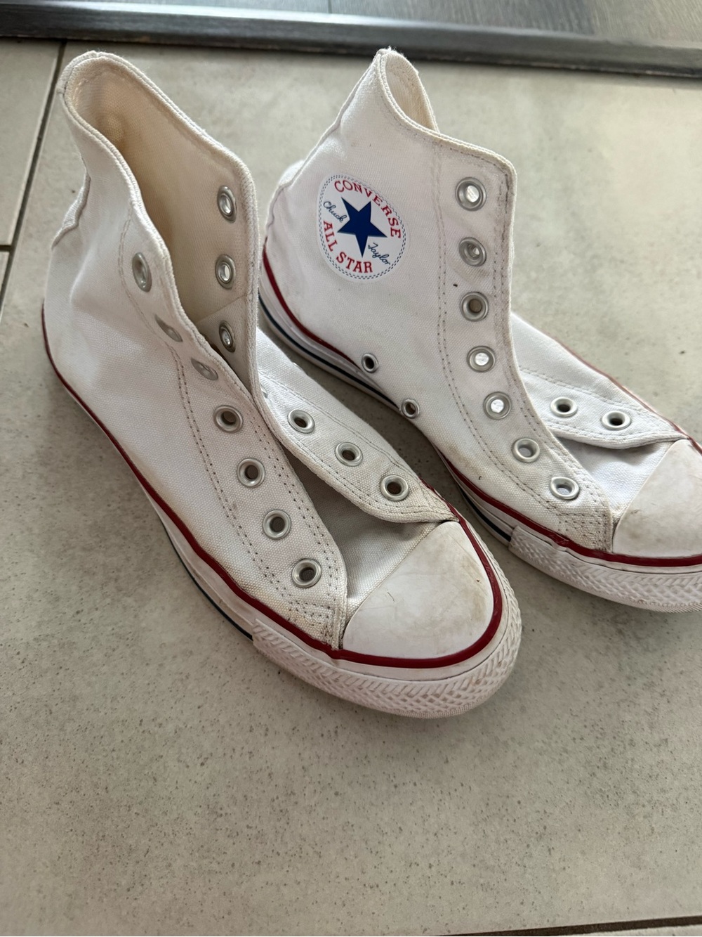 Converse White High Top Sneakers with Red Trim